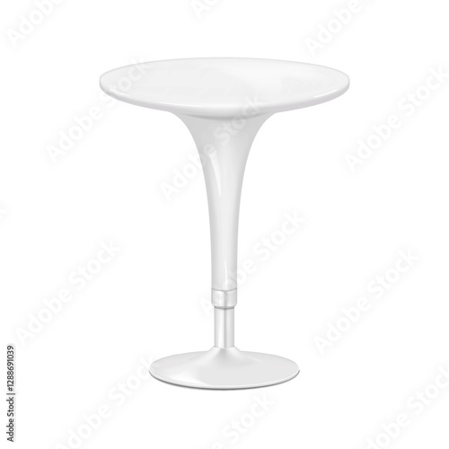 Swivel cocktail table with white round countertop on single metal leg. Realistic 3d vector mockup. High pedestal chrome gas lift base circular counter bar table. Mock-up. Template for design
