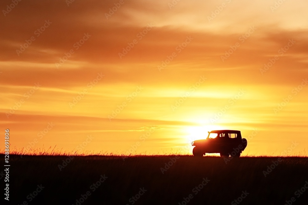 Fototapeta premium Silhouetted against a vibrant sunset, an off-road vehicle navigates a vast grass field, evoking feelings of freedom and adventure in a stunning landscape