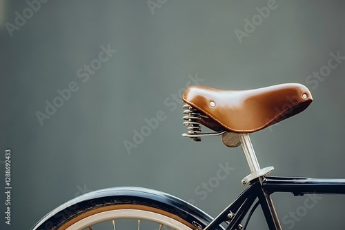 Close-up of a brown leather bicycle saddle featuring visible springs, mounted on a bicycle frame against a blurred grey background, highlighting the vintage and comfortable design of the seat