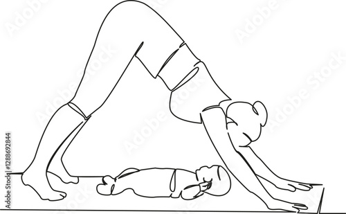 One continuous single drawing line art flat doodle mother, yoga, child, person, woman, lifestyle, family, indoor, female. Isolated image hand draw contour on a white background, hand drawn, not AI