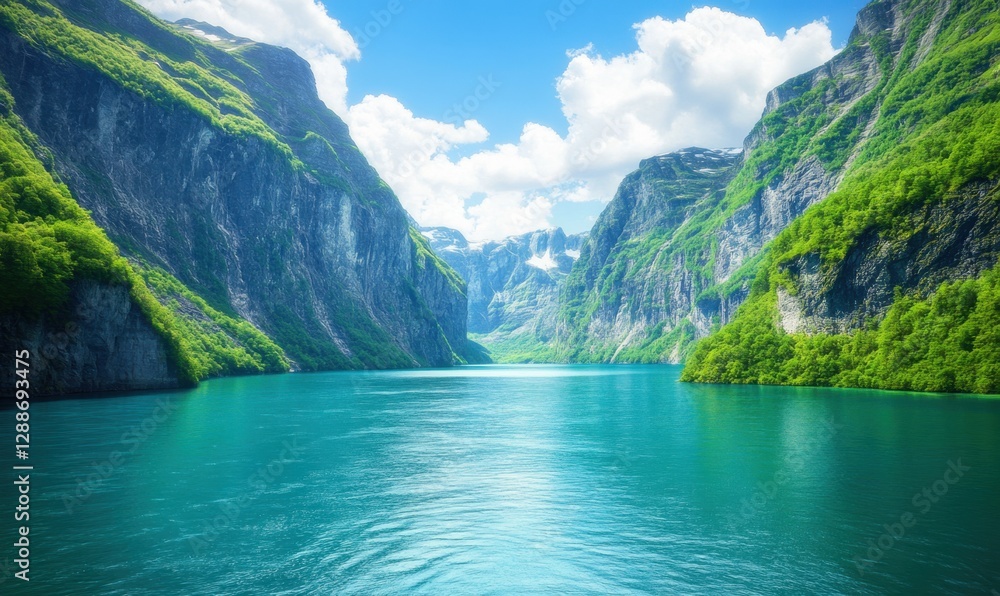 Turquoise fjord amidst steep cliffs, lush greenery, sunny sky. Ideal for travel promotion Turquoise fjord amidst steep cliffs, lush greenery, sunny sky. Ideal for travel promotion