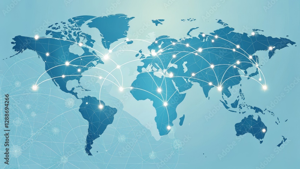 Obraz premium Global Network Connectivity World Map Illustration with Network Lines, Global, Communication Global Network, Worldwide Connectivity