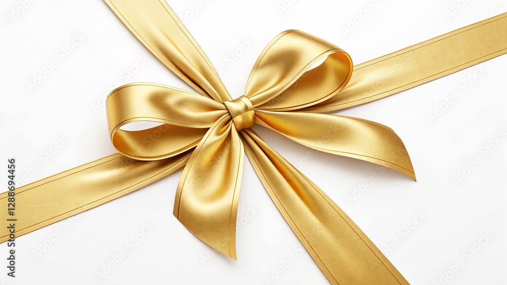 Fototapeta premium Golden Satin Ribbon Bow 3D Render, Luxury Gift Concept, White Background Gift Wrapping, Bow Design