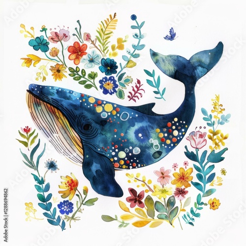 Whale in Floral Watercolor Garden Illustration  Marine Mammal Art with Botanical Elements Design
