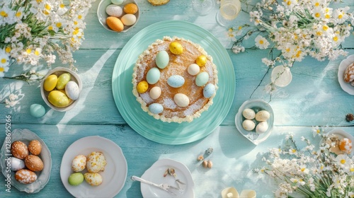 Pastel Easter Tabletop Arrangement with Egg Tart and Chocolate Candies Celebration Gathering