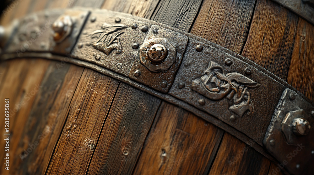 Fototapeta premium A detailed shot of a whiskey barrel with engraved map