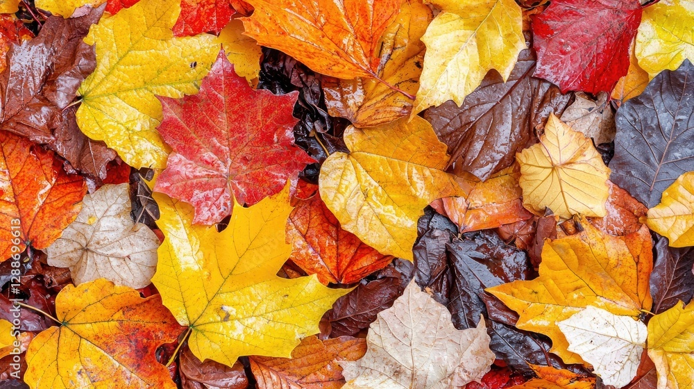 Obraz premium Colorful autumn leaves on ground, wet from rain, nature background, perfect for fall designs