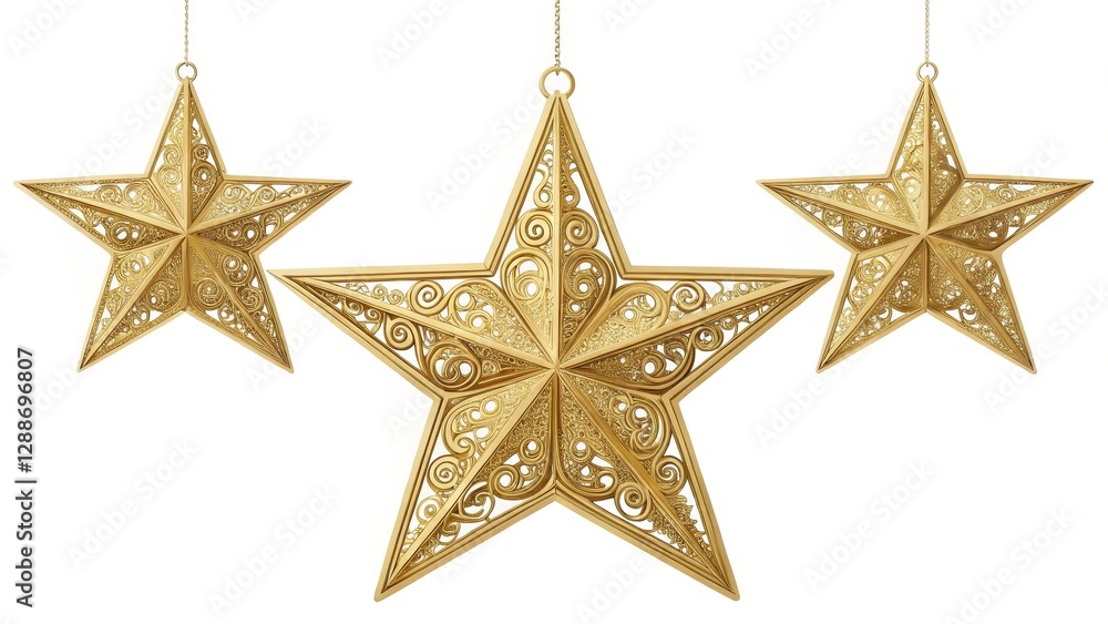 Three Gold Filigree Star Ornaments, Christmas Decoration, 3D Render, White Background, Holiday Decor, Festive, Gold Stars Christmas Ornament Three Gold Filigree Star Ornaments, Christmas Decoration, 3D Render, White Background, Holiday Decor, Festive, Gold Stars Christmas Ornament