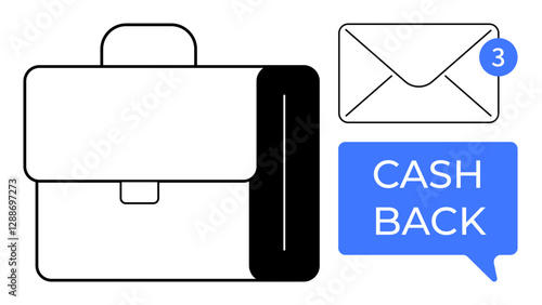 Briefcase and envelope with notification symbol for unread messages. Cash Back speech bubble. Ideal for business, finance, productivity, communication, emails, promotions, notifications digital