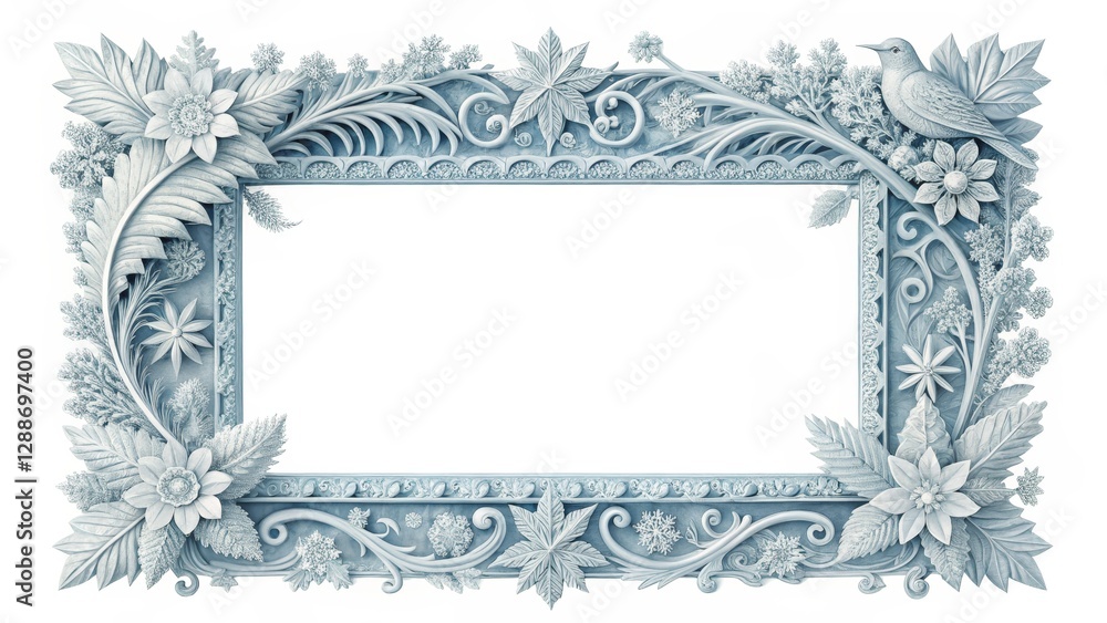 Winter Floral Frame Intricate Carving, Blue Hues, Botanical Design, Bird, Frame Design Keywords Ornate Frame, Winter Decor Winter Floral Frame Intricate Carving, Blue Hues, Botanical Design, Bird, Frame Design Keywords Ornate Frame, Winter Decor