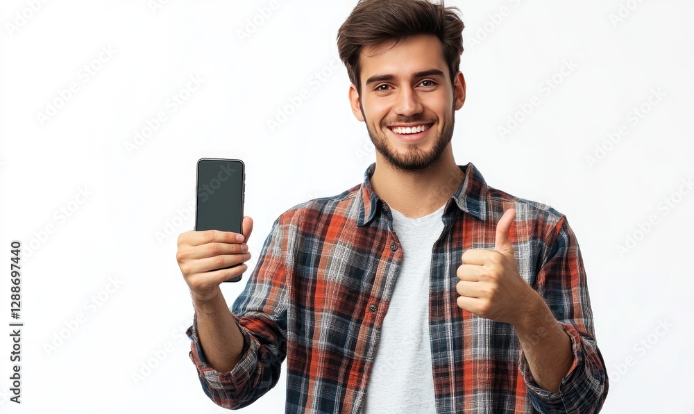 Happy man holding phone, giving thumbs up Happy man holding phone, giving thumbs up