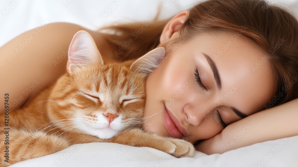 Woman with Long Hair Cuddling with Orange Cat on White Bed with Soft Lighting, Creating a Warm and Cozy Atmosphere of Affection and Comfort Woman with Long Hair Cuddling with Orange Cat on White Bed with Soft Lighting, Creating a Warm and Cozy Atmosphere of Affection and Comfort