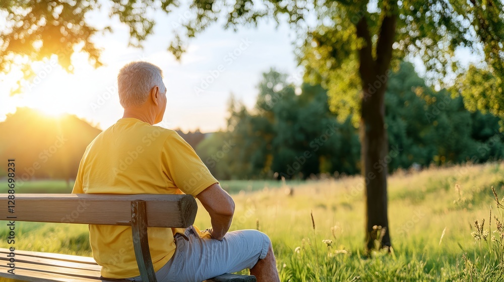 Obraz premium Elderly man sitting on a bench in a quiet park during sunset, reflecting on life in a serene natural environment surrounded by trees