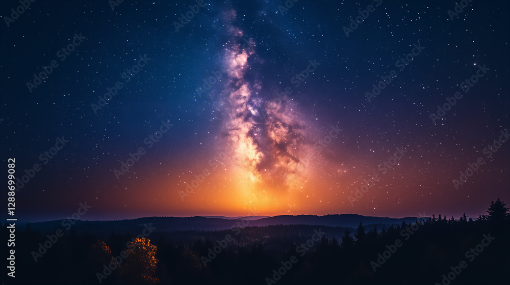 Fototapeta premium Vibrant Milky Way Galaxy over City Silhouette at Night