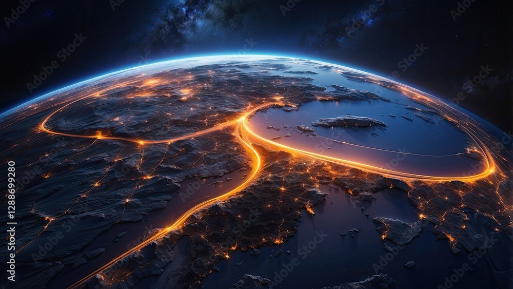 Obraz premium A view of Earth from space at night with illuminated cities connected by bright orange lines representing data connections and network activity.