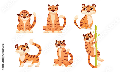 Adult Tiger with Striped Coat in Different Pose Vector Set
