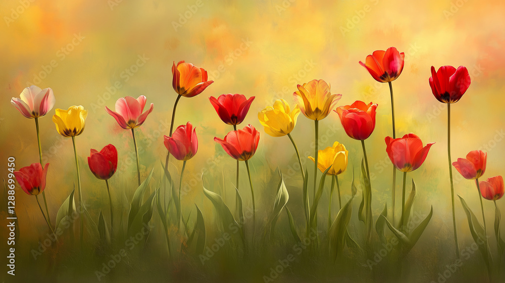 Naklejka premium Colorful tulips blooming in a soft, dreamlike background 