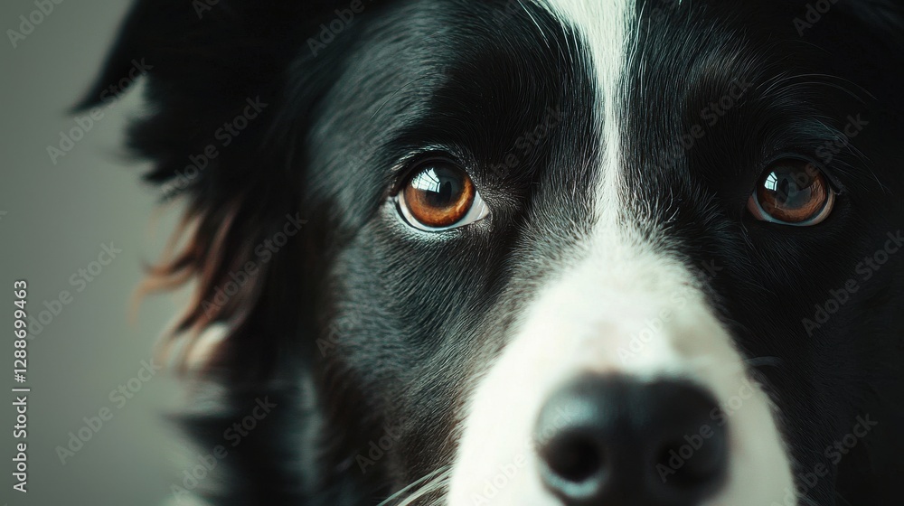 Close-Up of an Intense Brown-Eyed Dog with Black and White Fur Close-Up of an Intense Brown-Eyed Dog with Black and White Fur