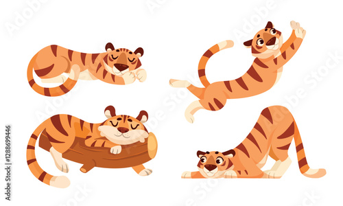 Cute Tiger Cub with Striped Orange Fur in Different Pose Vector Set
