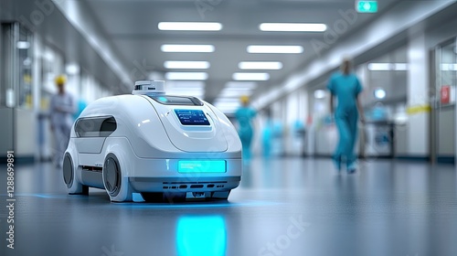 Robotic delivery vehicle navigating a futuristic hospital corridor, showcasing advanced healthcare technology and innovation