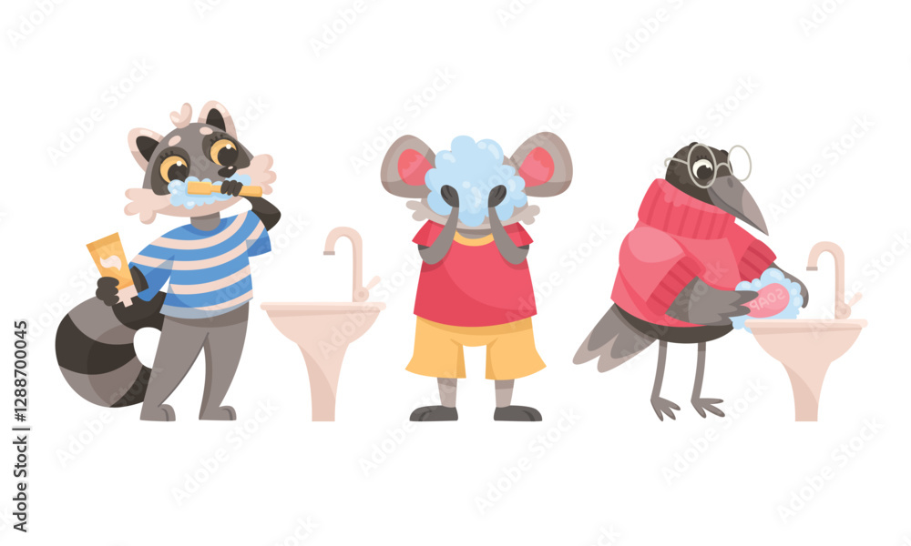Animal Characters and Hygiene Rules Washing and Grooming Vector Set Animal Characters and Hygiene Rules Washing and Grooming Vector Set