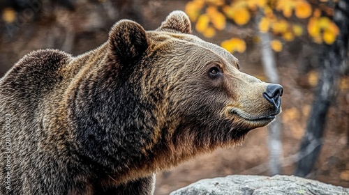 Grizzly bear observation in autumn forest wildlife photography natural habitat close-up wildlife conservation photo