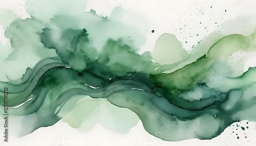 Watercolor Abstract Painting with Green Shades and Fluid Ink Texture