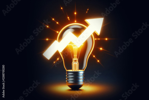 Light glowing bulb with grow up arrow rise in price of electricity isolated black