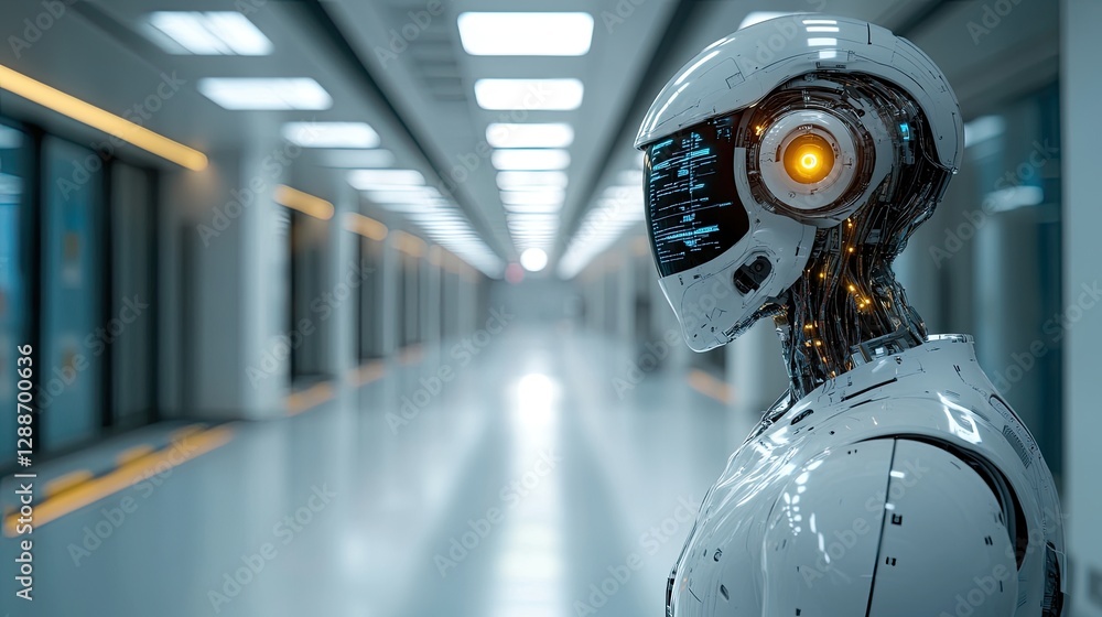 Futuristic humanoid robot standing in a sleek, modern corridor with glowing elements and advanced technology background Futuristic humanoid robot standing in a sleek, modern corridor with glowing elements and advanced technology background