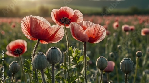 Flowering opium poppy Papaver somniferum on a field in spring. Opium poppy, Papaver somniferum is a species of plant. Opium and poppy seeds come from poppies.
