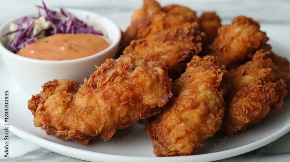 Crispy Fried Chicken Strips with Tangy Sauce and Fresh Slaw Crispy Fried Chicken Strips with Tangy Sauce and Fresh Slaw