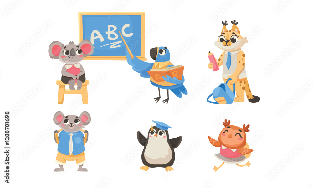 Animals Students at School Studying Having Lesson Vector Set Animals Students at School Studying Having Lesson Vector Set