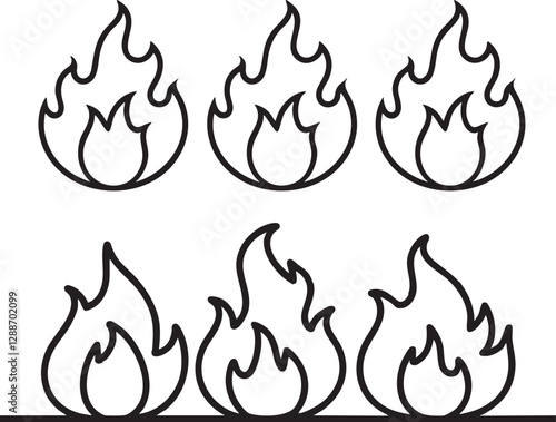Fire flame vector icons. Flaming badge. Igniting border and lines.