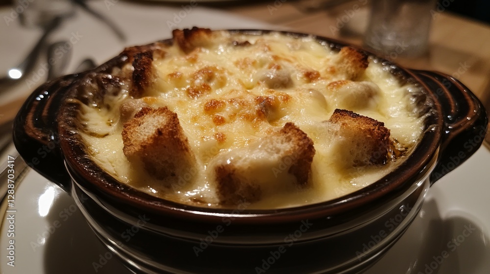 Creamy Baked Dish with Croutons and Golden Cheese Topping Creamy Baked Dish with Croutons and Golden Cheese Topping