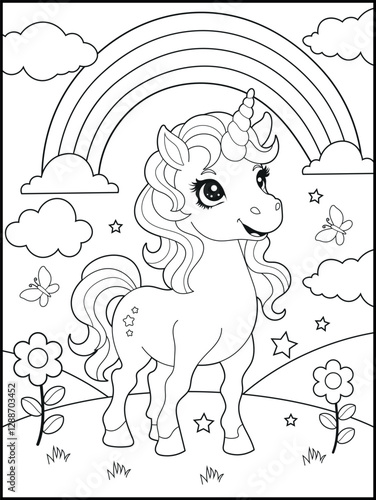 Black and White Unicorn Coloring Page for Kids. Cute, Hand-Drawn, Printable Activity Sheet with Cartoon Characters and Simple Doodles