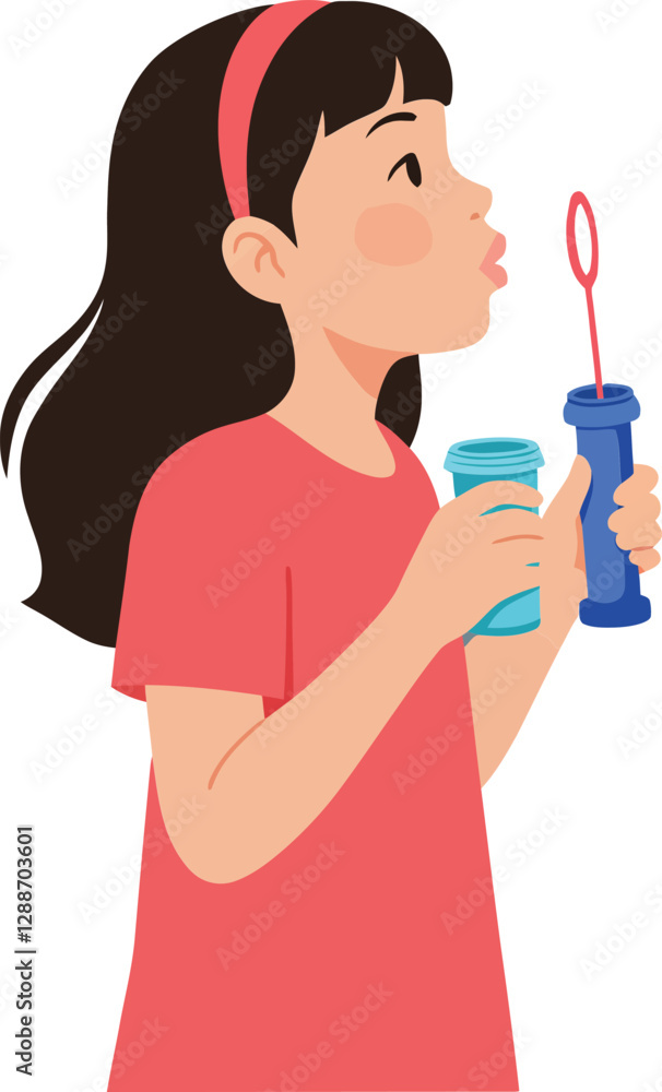 Girl blowing bubbles with bubble wand in flat vector art Girl blowing bubbles with bubble wand in flat vector art