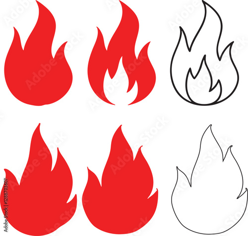 Fire flame vector icons. Flaming badge. Igniting border and lines.