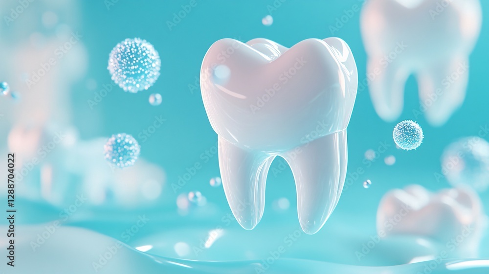 Tooth surrounded by spheres and other teeth on blue background Tooth surrounded by spheres and other teeth on blue background