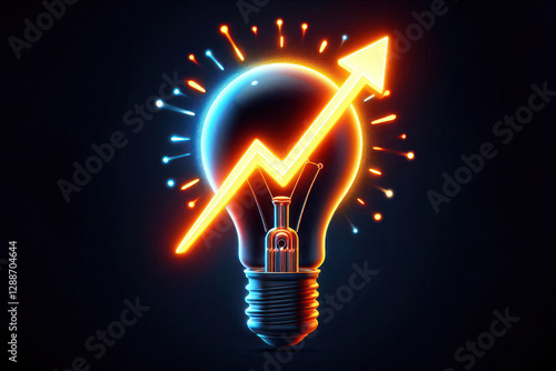 Light glowing bulb with grow up arrow rise in price of electricity isolated black