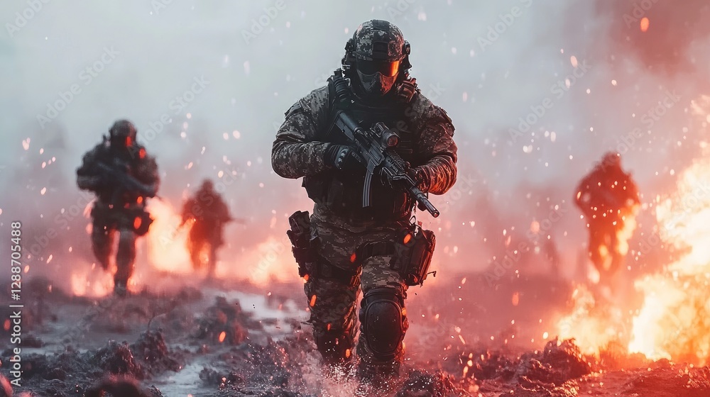 Dramatic scene of soldiers navigating through a volcanic landscape amidst ash and flames, showcasing bravery and action. Dramatic scene of soldiers navigating through a volcanic landscape amidst ash and flames, showcasing bravery and action.