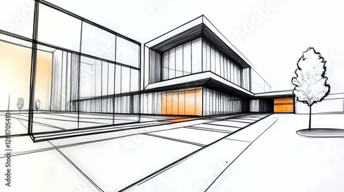 Architectural sketch of a modern public building or shopping center in a minimalist style. Hand drawn minimalistic sketches.