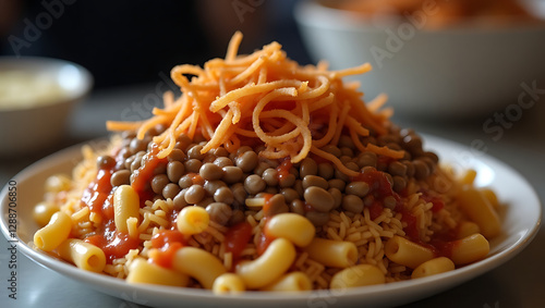 Close-Up of Authentic Egyptian Koshari with Lentils and Pasta