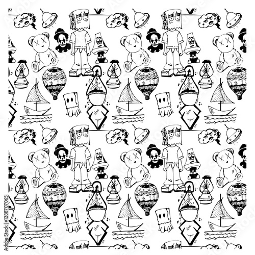 Hand drawn doodle illustration depicting various elements. Made in monochrome style.