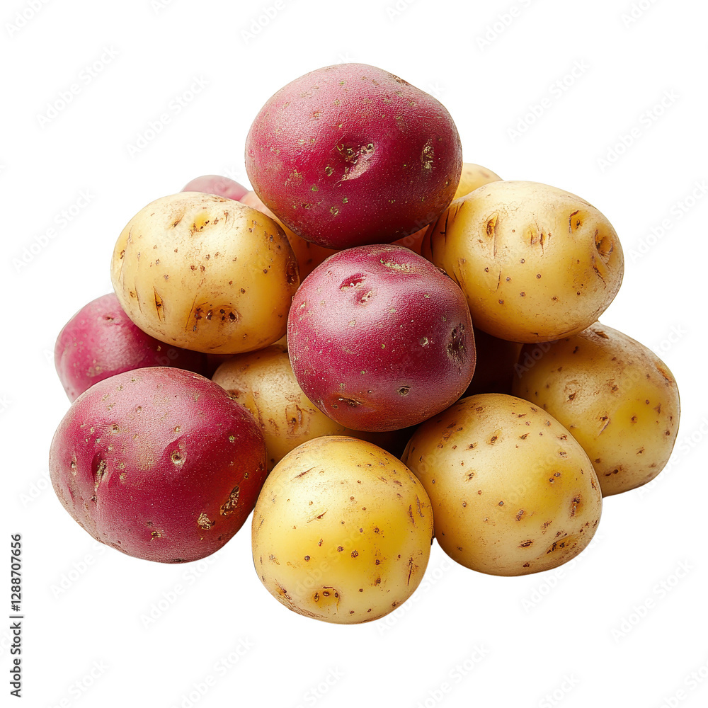 Freshly harvested potatoes, vibrant red and yellow hues, suitable for cooking or display, perfect for culinary graphics or recipes. Isolated on white background or PNG