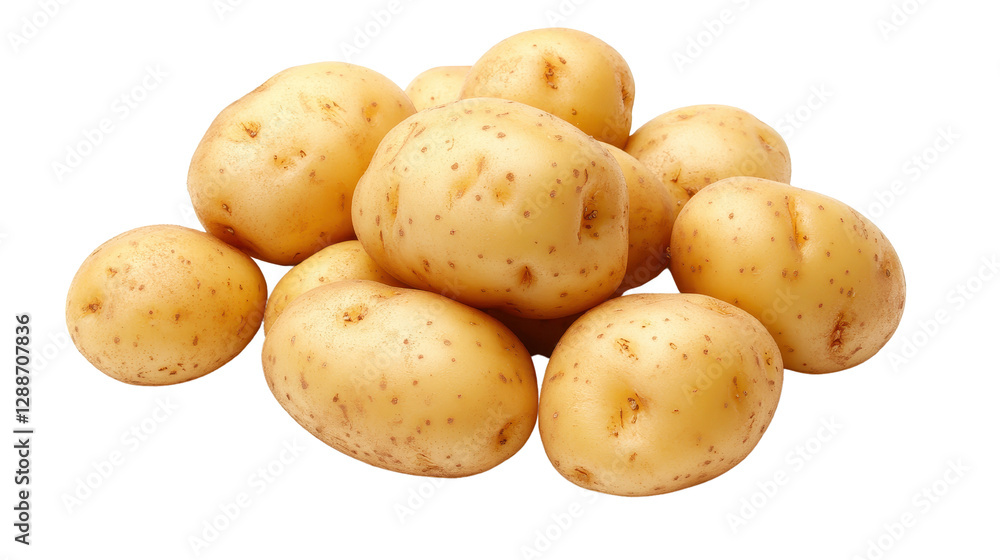 Fresh golden potatoes, neatly piled, showcasing smooth skin and earthy tones, perfect for cooking or market displays. Isolated on white background or PNG Fresh golden potatoes, neatly piled, showcasing smooth skin and earthy tones, perfect for cooking or market displays. Isolated on white background or PNG