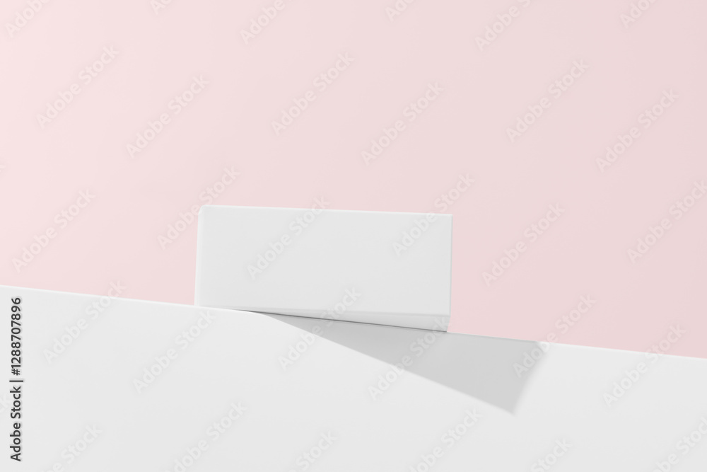 White mockup blank box on pedestal on pink isolated background. Concept of packaging design and advertising or presentation of new product. Template for your design White mockup blank box on pedestal on pink isolated background. Concept of packaging design and advertising or presentation of new product. Template for your design