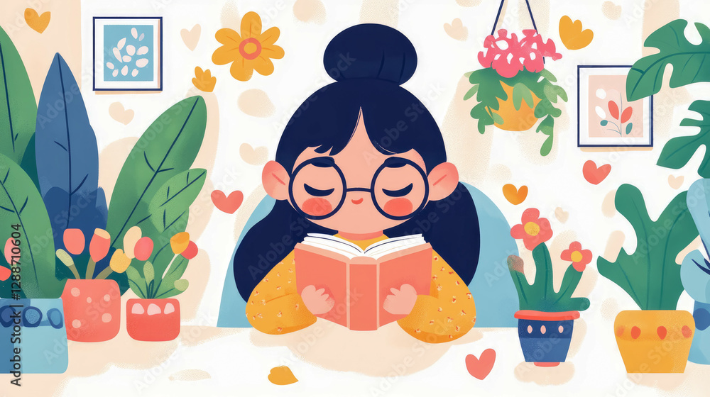Naklejka premium Cozy Indoor Reading Nook: Depicting a Woman Enjoying a Book Amidst Flowers & Plants
