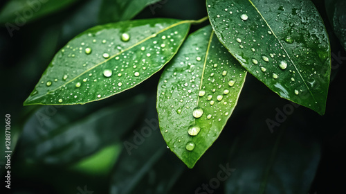 Close-up of green leaves adorned with water droplets, showcasing nature's beauty and freshness after rainfall