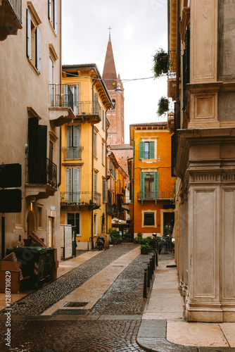 Vibrant buildings lining Corso Porta Borsari in Verona, Italy, create a picturesque atmosphere with cobblestone pavement and potted plants leading to a beautiful church photo