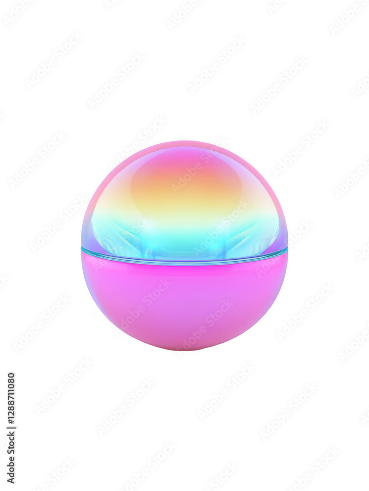 Colorful iridescent sphere resting on a soft surface with a gradient glow, evoking tranquility